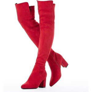 Women's Red Suede High Thigh Low Block Stylish Over-the-Knee Heel boot